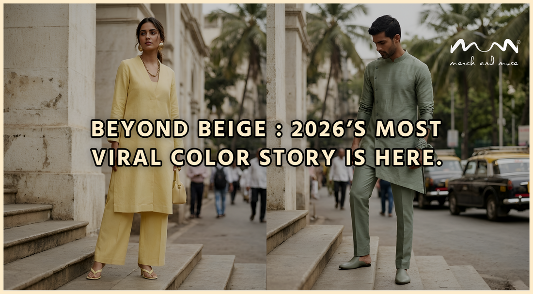 Model wearing a Sage Green tone-on-tone minimalist ethnic set with textured linen fabrics from merch and muse.