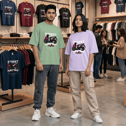 Two people wearing 'Street Racing Culture' t-shirts in a store.