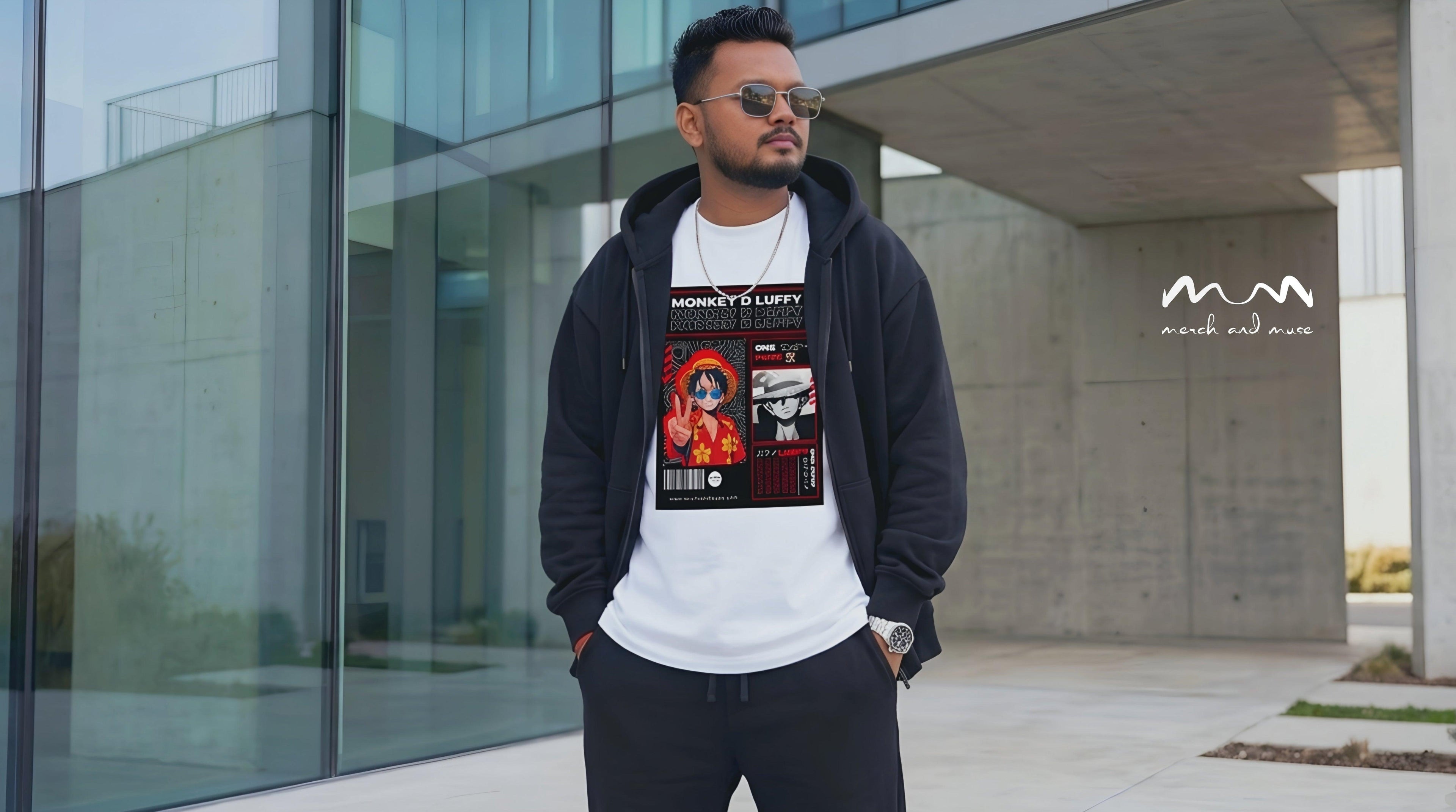 Man wearing a branded hoodie in front of a modern building