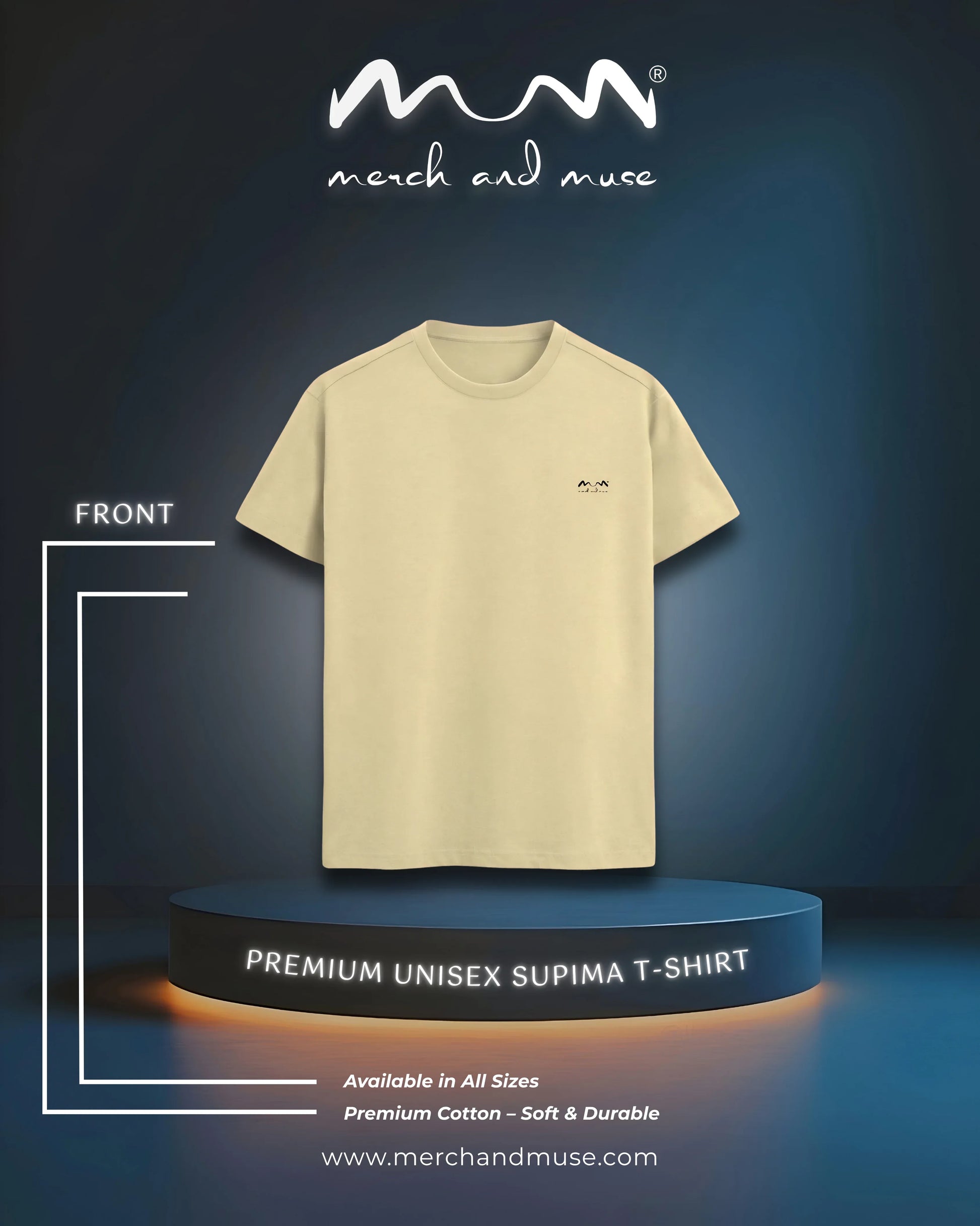 Beige t-shirt on a dark blue background with 'merch and muse' branding.